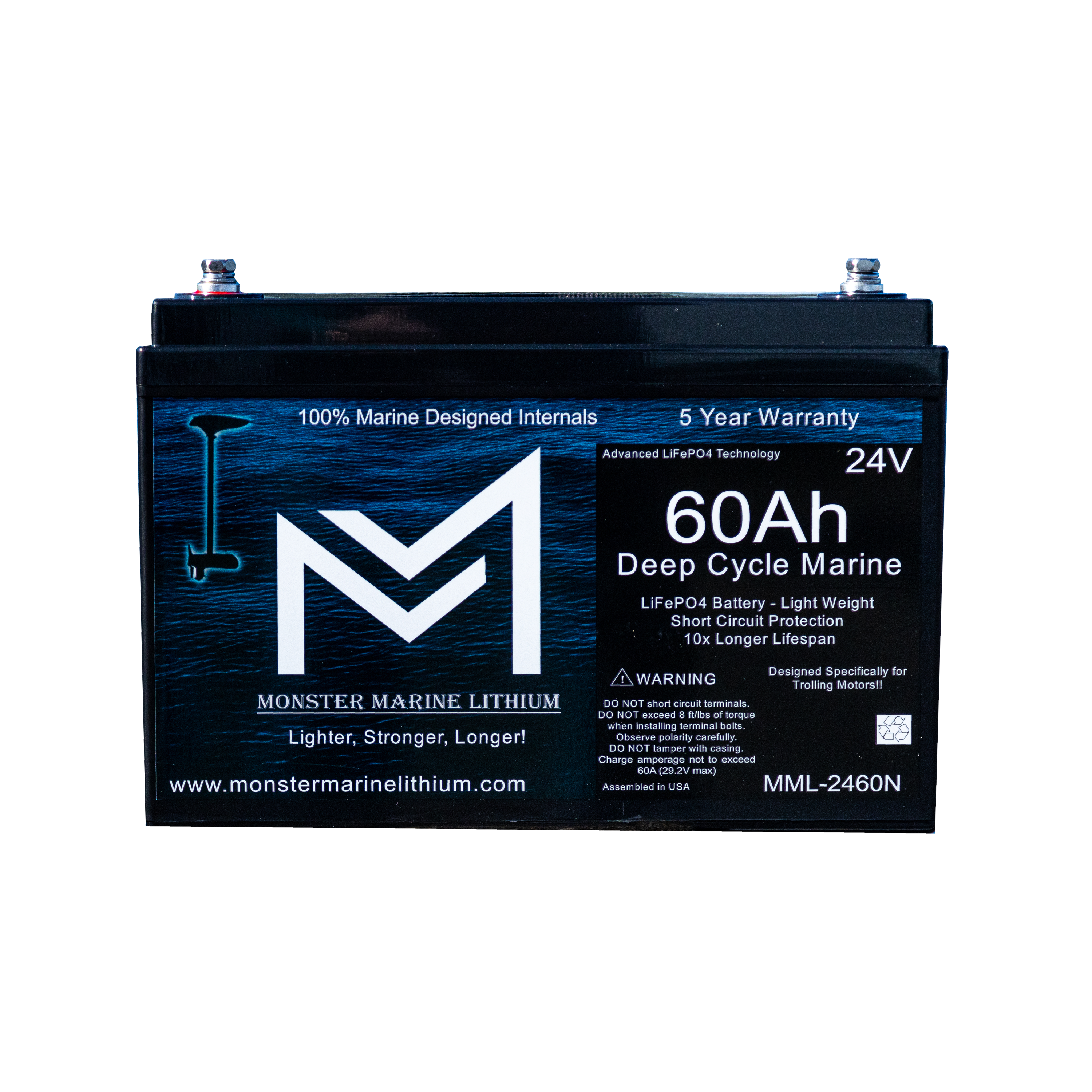24V 60Ah Lithium Deep Cycle Marine Trolling Battery - Bluetooth